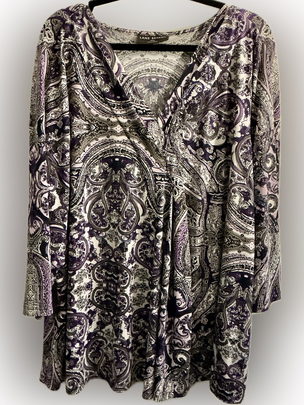Lane Bryant Paisley Print Top 22/24 Purple Black White Stretch 3/4 Sleeve Plus